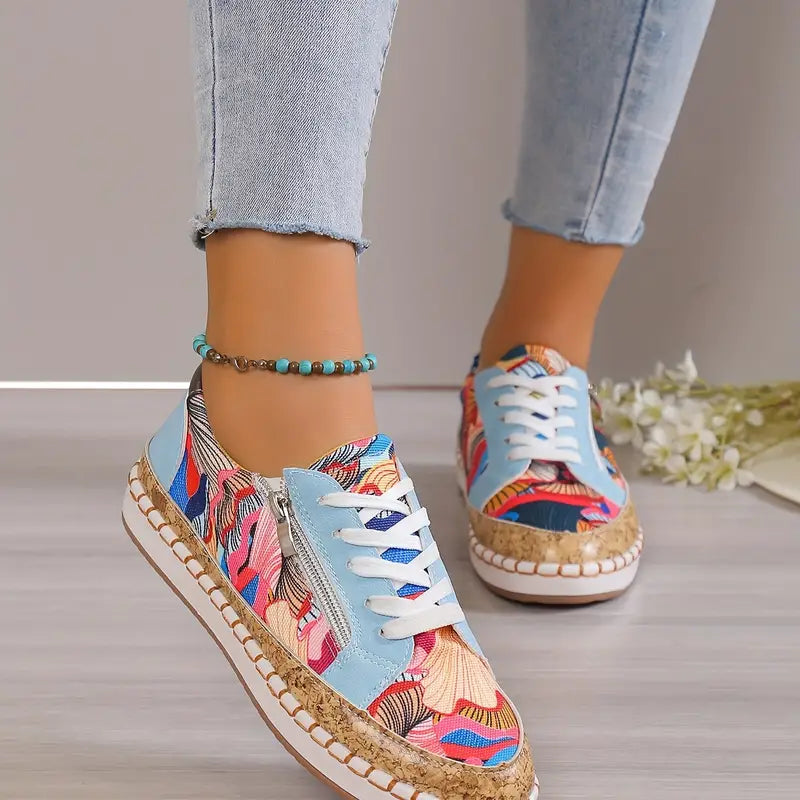 Sapatos femininos com estampa colorida, calçados casuais com cadarço e zíper lateral