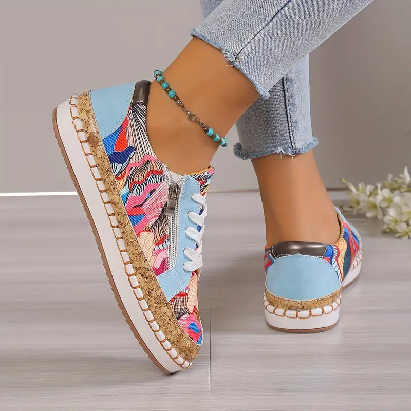 Sapatos femininos com estampa colorida, calçados casuais com cadarço e zíper lateral