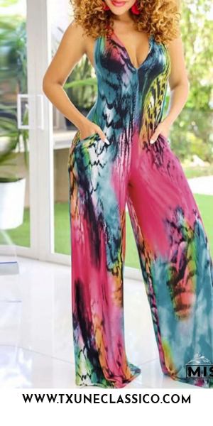 Macacão sexy tie-dye com alças sem costas e estampado de bandagens