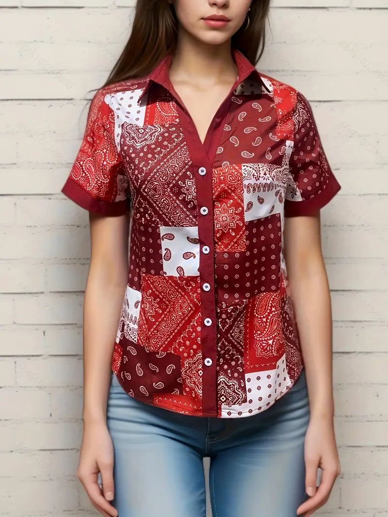 Blusa de emenda com estampa paisley, blusa casual de manga curta com botões