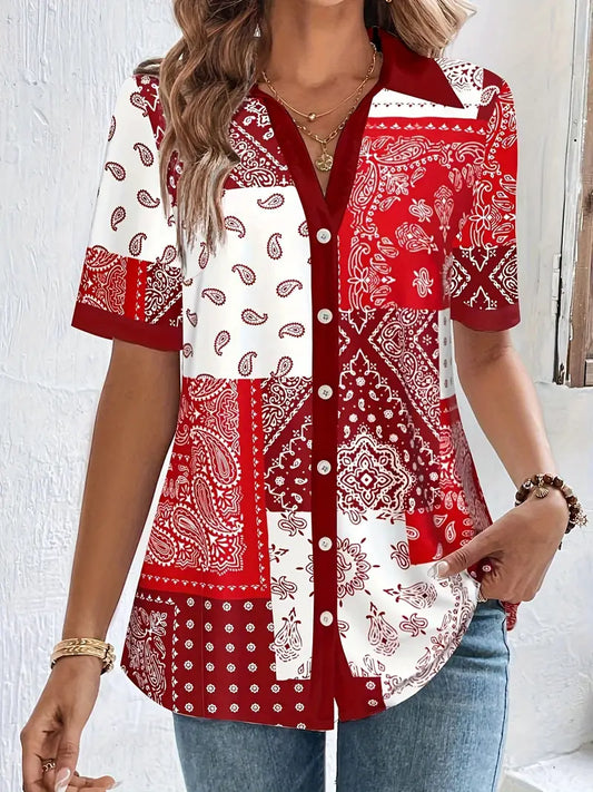 Blusa de emenda com estampa paisley, blusa casual de manga curta com botões