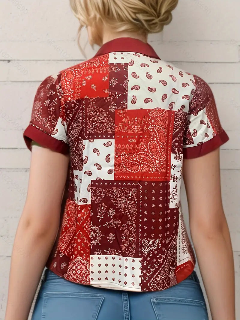 Blusa de emenda com estampa paisley, blusa casual de manga curta com botões