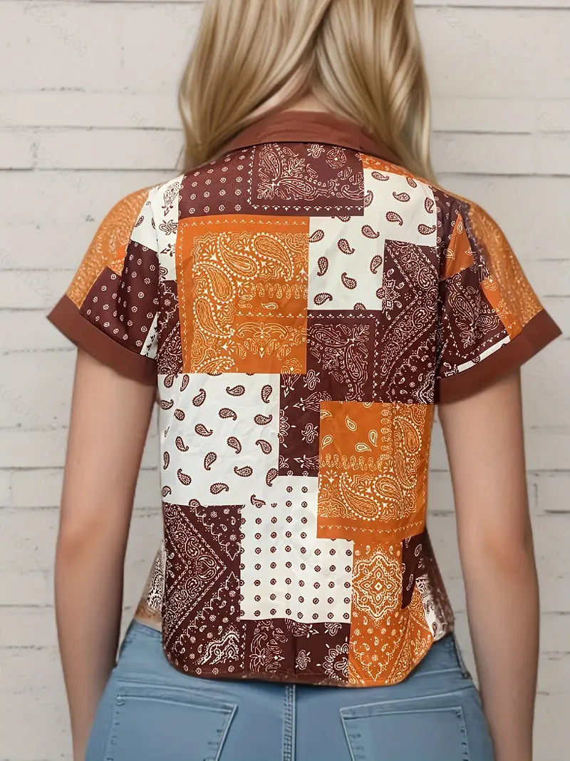 Blusa de emenda com estampa paisley, blusa casual de manga curta com botões