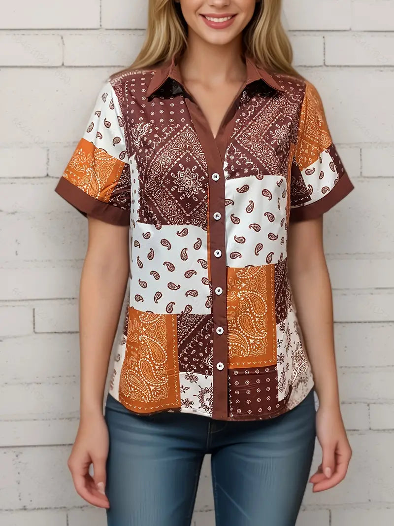 Blusa de emenda com estampa paisley, blusa casual de manga curta com botões