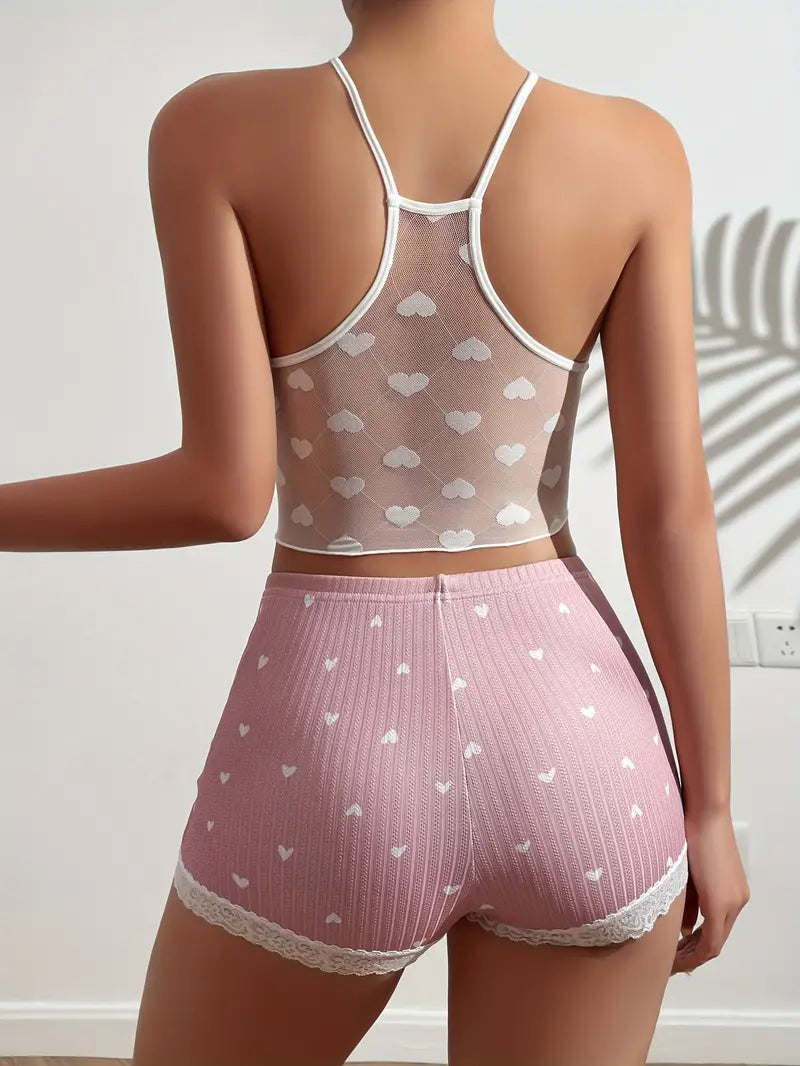 Conjunto de pijama com estampa de coração, blusa cami de renda contrastante e shorts com cintura elástica, roupa de dormir feminina