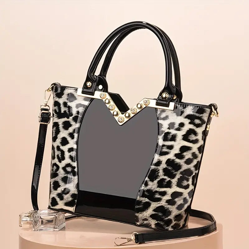 Bolsa elegante com padrão de leopardo, bolsa crossbody de couro PU brilhante, bolsa moderna com alça dupla para mulheres