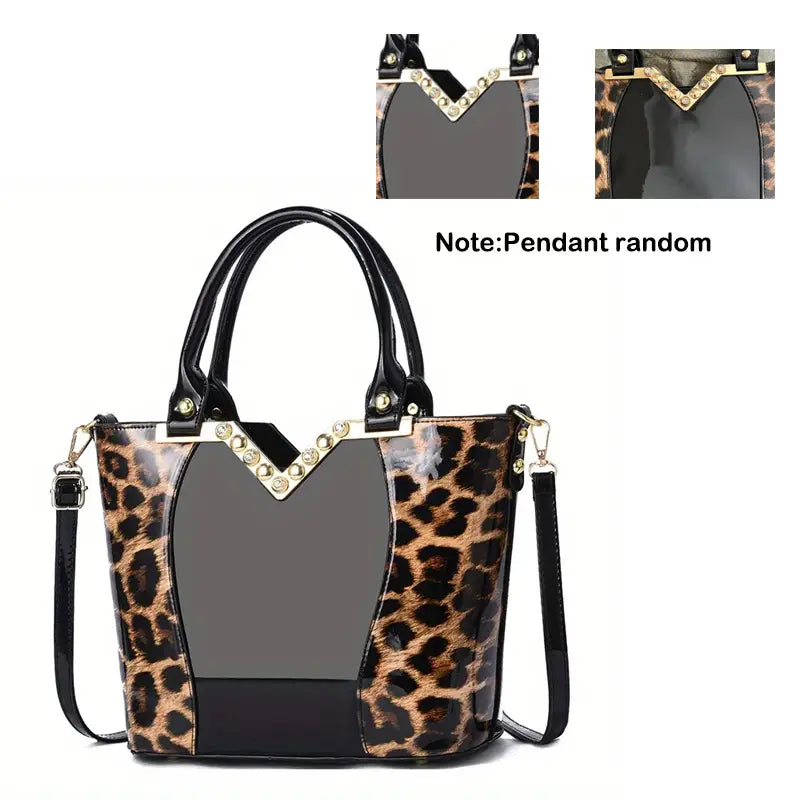 Bolsa elegante com padrão de leopardo, bolsa crossbody de couro PU brilhante, bolsa moderna com alça dupla para mulheres