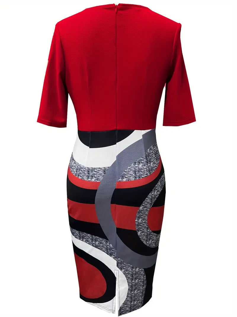 Graphic Print Splicing Crew Neck Dress, Elegant Half Sleeve Bodycon Dress