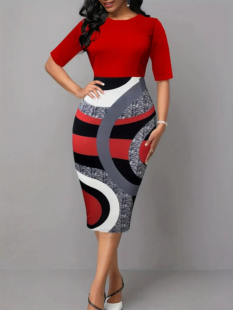 Graphic Print Splicing Crew Neck Dress, Elegant Half Sleeve Bodycon Dress