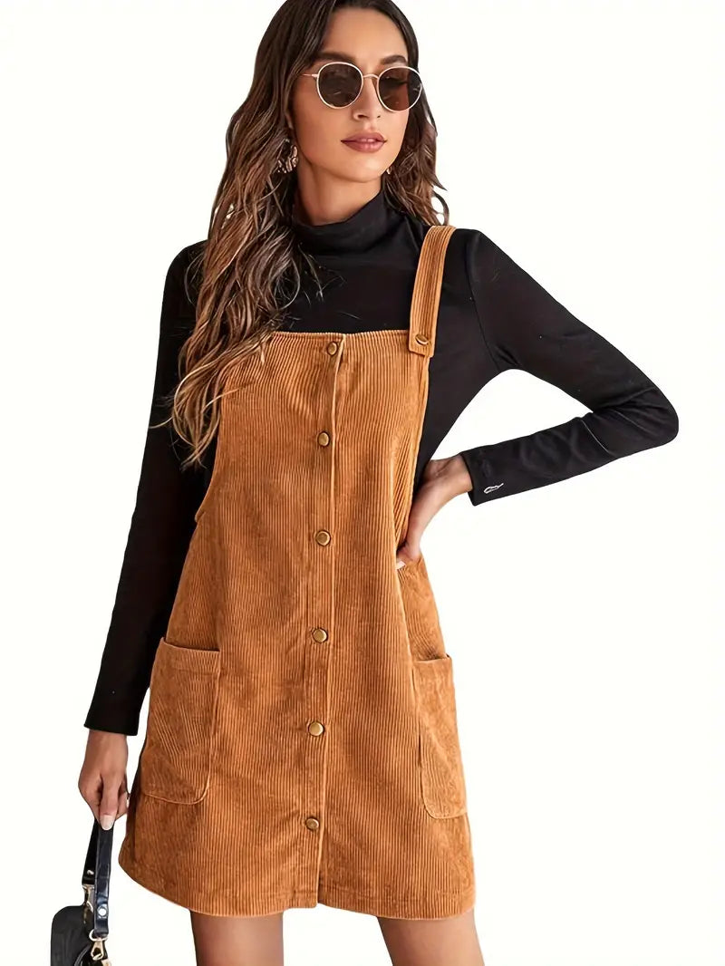 Vestido suspensório sólido com botão frontal, vestido casual sem mangas com  bolsos