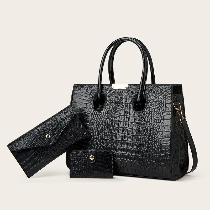 Bolsa com padrão de crocodilo de grande capacidade, conjuntos clássicos de bolsa de ombro de couro sintético com zíper