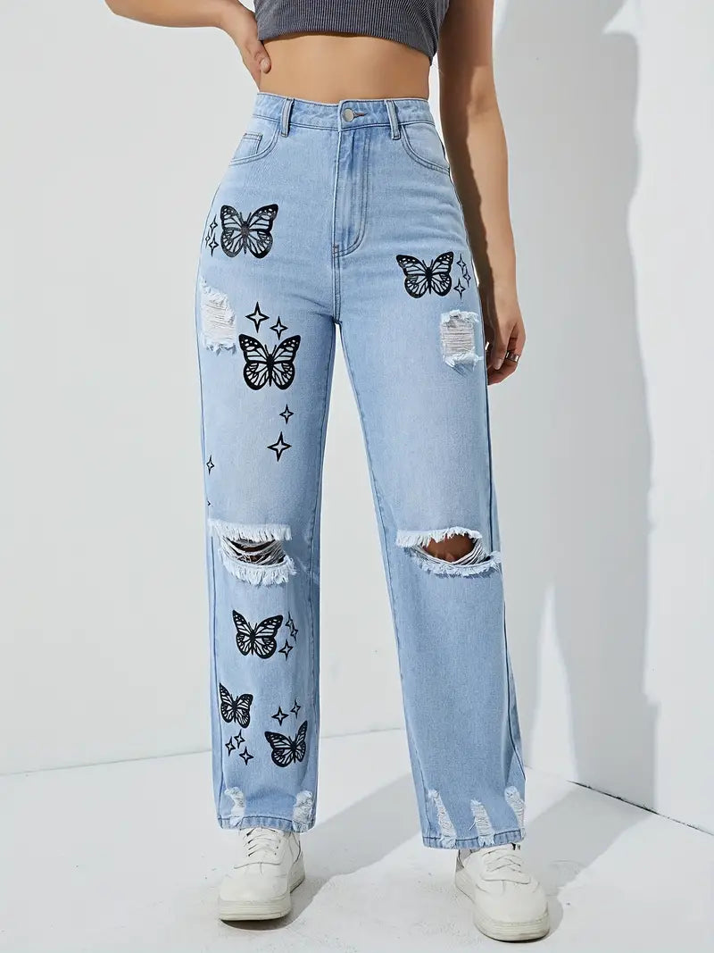 Jeans de borboleta com detalhes rasgados, jeans de cintura alta desgastados com estampa de estrela