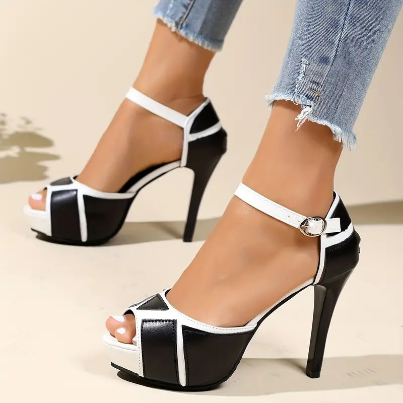 Sandálias de Plataforma de salto alto, peep toe colorblock com tira no tornozelo