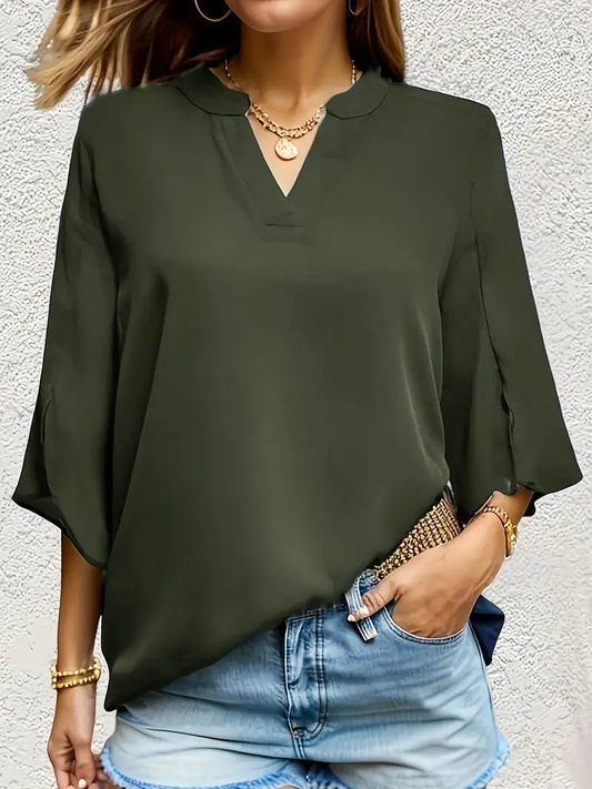 Blusa simples sólida, blusa casual com decote em V e manga dividida