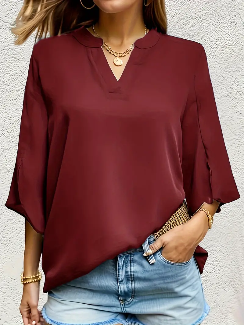 Blusa simples sólida, blusa casual com decote em V e manga dividida