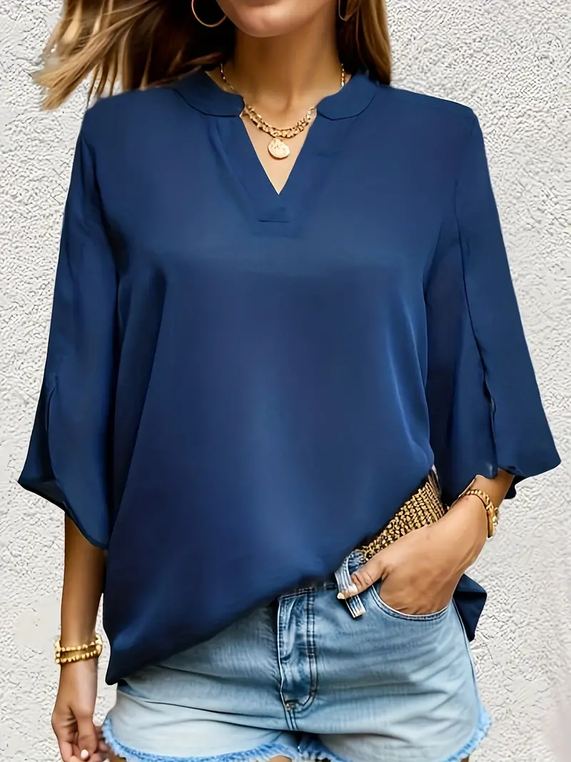 Blusa simples sólida, blusa casual com decote em V e manga dividida