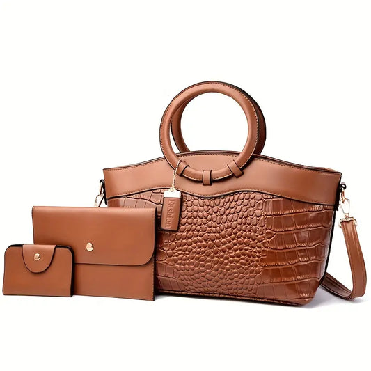 Conjunto de 3 peças de bolsa feminina com estampa de crocodilo, couro pu, cor sólida, bolsa clássica com alça superior