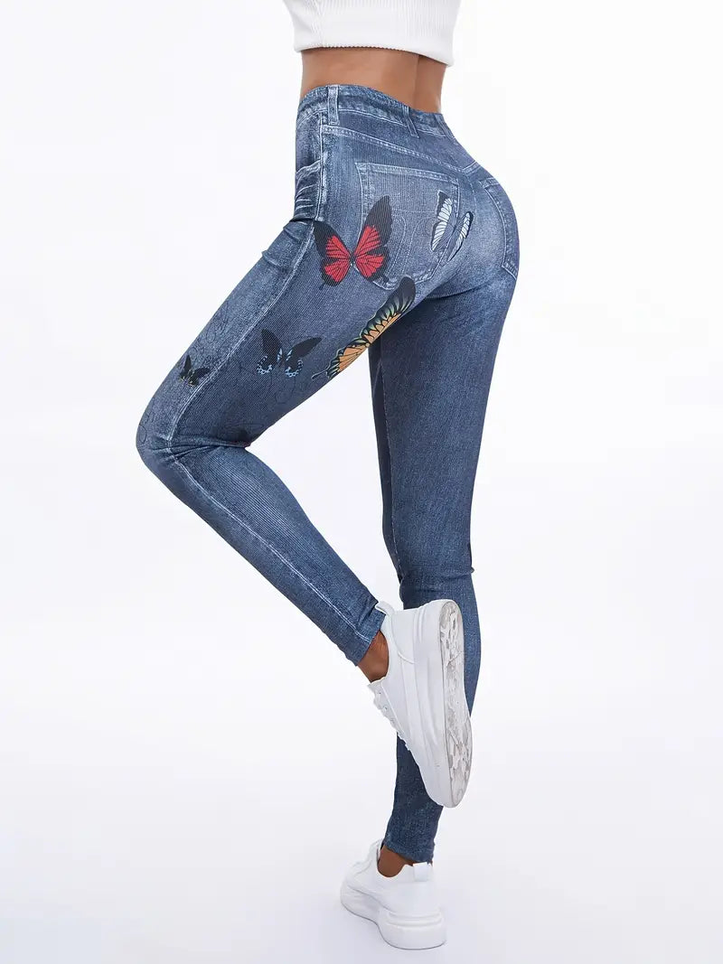 Calça colante jeans com estampas de borboleta