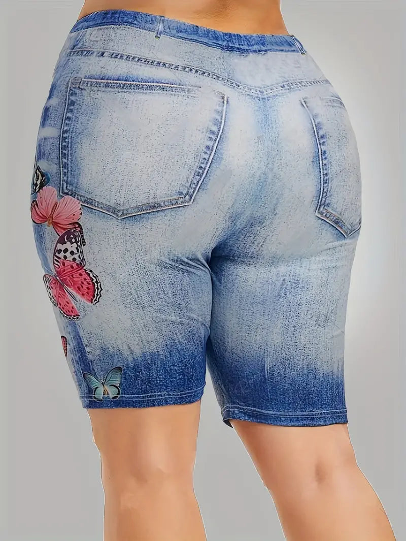 Bermuda colante elásticas de Jeans com estampa floral - Tamanho Grande