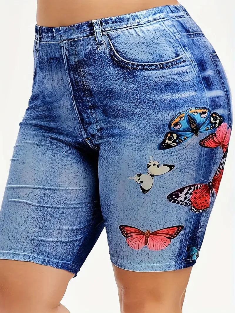 Bermuda colante elásticas de Jeans com estampa floral - Tamanho Grande