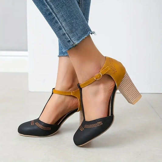 Sandálias femininas grossas de salto alto, sapatos coloridos com fivela no tornozelo e tira em T