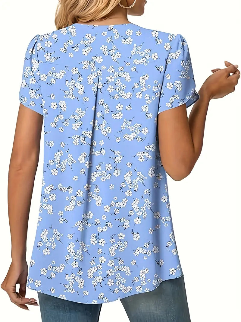 Blusa com estampa floral com decote em V, blusa casual manga pétala