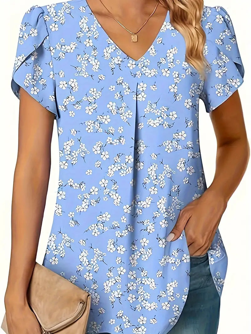 Blusa com estampa floral com decote em V, blusa casual manga pétala