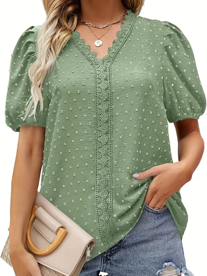 Blusa de renda com contraste de bolinhas suíças, blusa elegante de manga curta