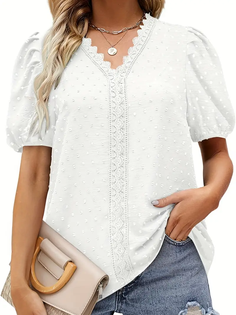 Blusa de renda com contraste de bolinhas suíças, blusa elegante de manga curta