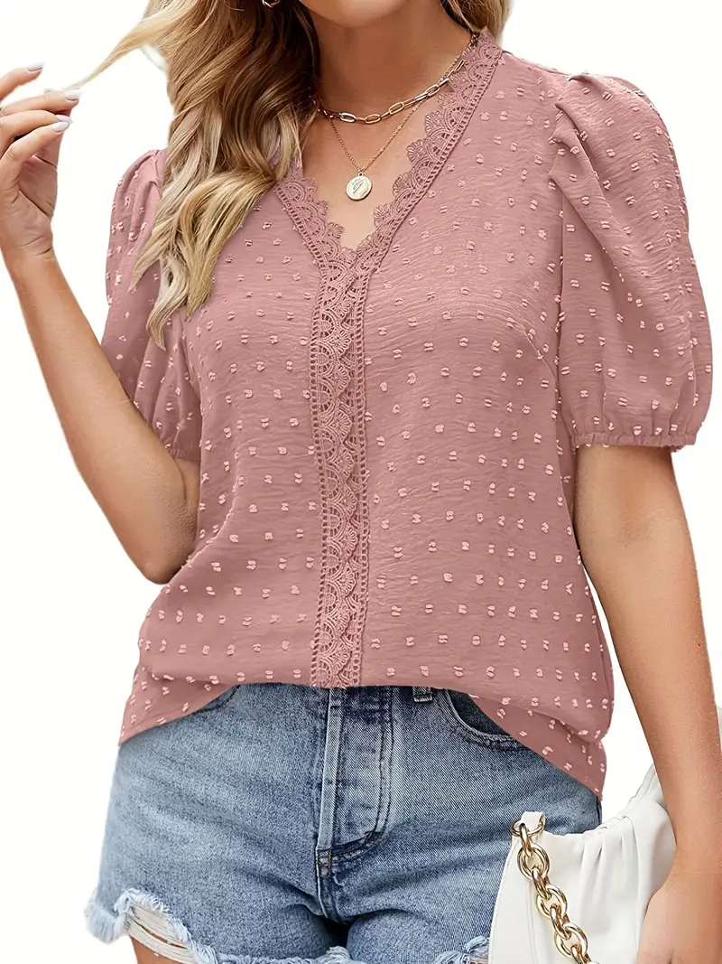 Blusa de renda com contraste de bolinhas suíças, blusa elegante de manga curta