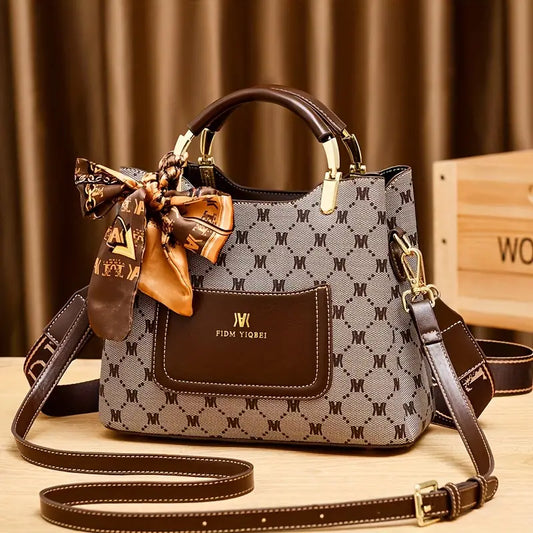Bolsa com vários bolsos com padrão geométrico vintage, bolsa de ombro elegante com decoração de lenço de seda
