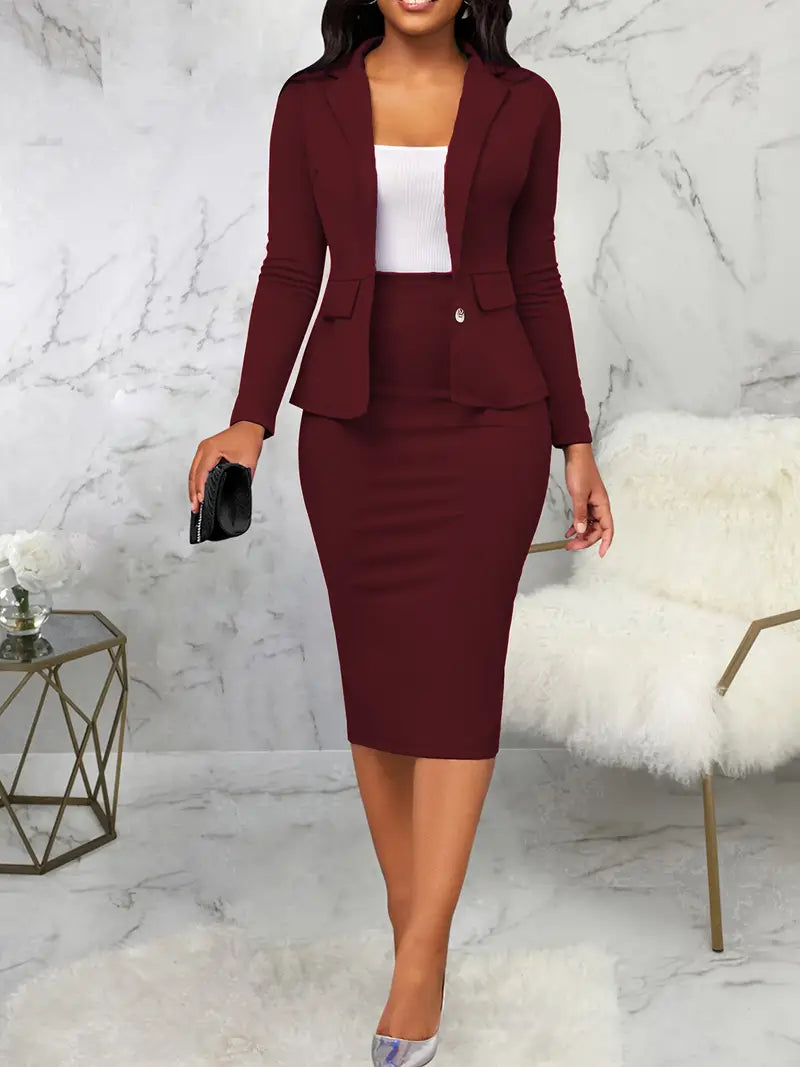 Conjunto sólido elegante de saia com blazer de lapela frontal para o trabalho