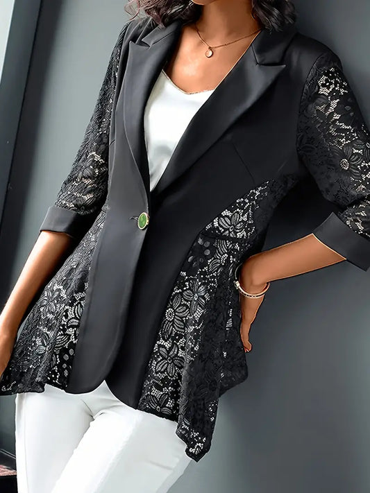 Blazer chique de cor sólida com detalhe de renda – gola de lapela elegante, fecho de botão único