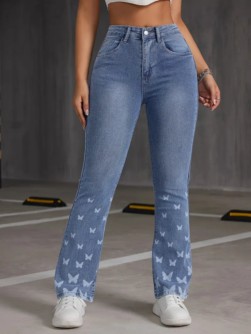 Calça jeans elástica com estampa de borboleta, calça jeans de cintura alta com bolso azul