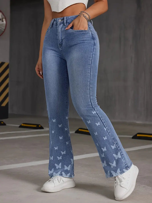 Calça jeans elástica com estampa de borboleta, calça jeans de cintura alta com bolso azul