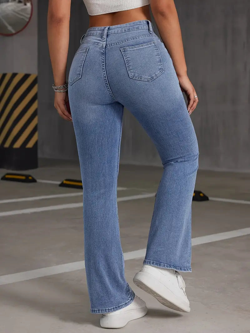 Calça jeans elástica com estampa de borboleta, calça jeans de cintura alta com bolso azul