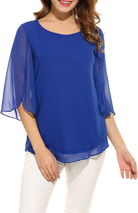 Blusa feminina casual decote canoa manga solta chiffon tops