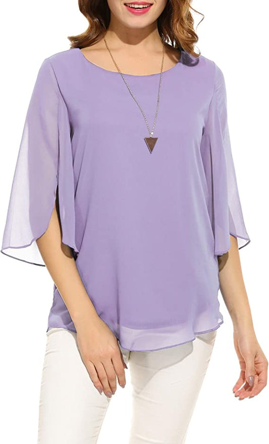 Blusa feminina casual decote canoa manga solta chiffon tops