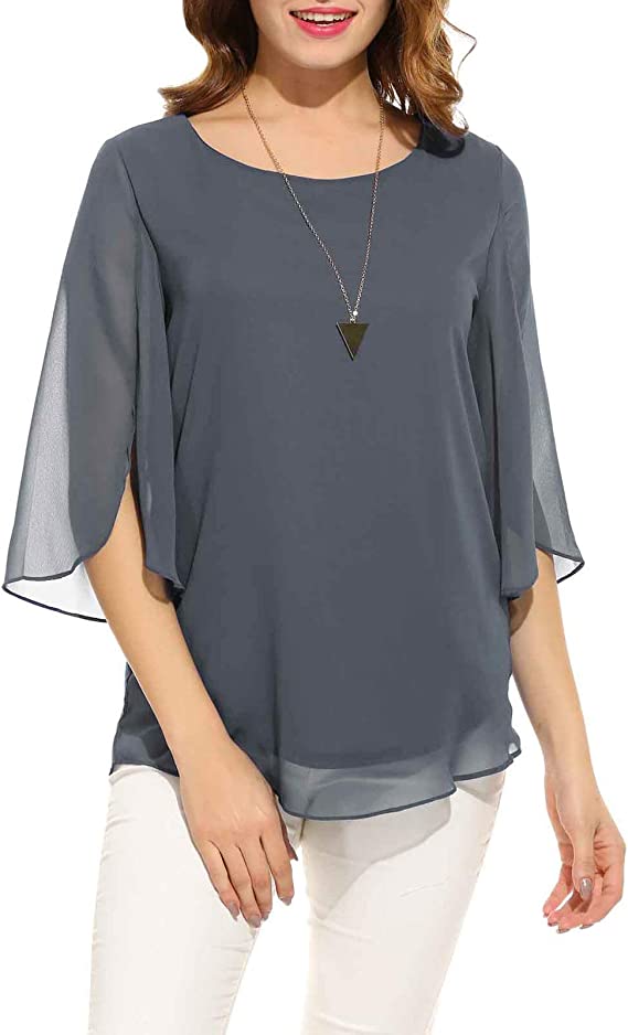 Blusa feminina casual decote canoa manga solta chiffon tops