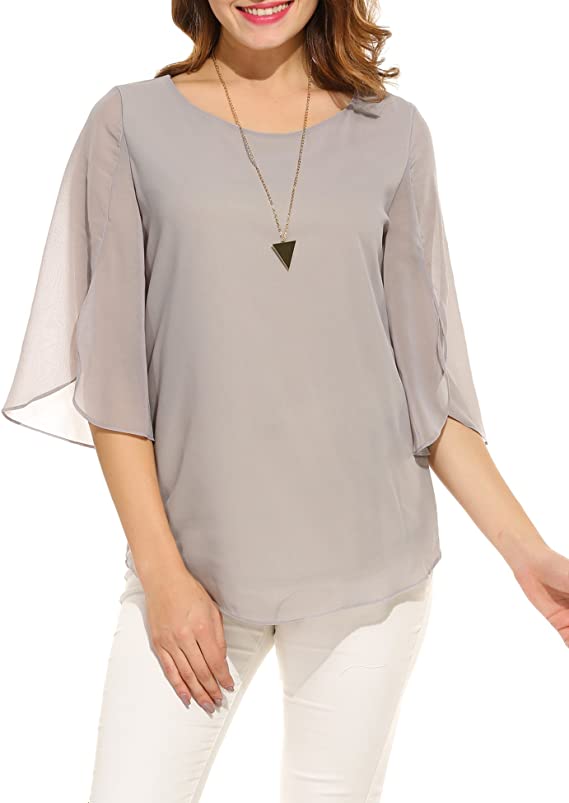 Blusa feminina casual decote canoa manga solta chiffon tops