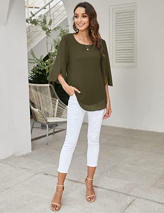 Blusa feminina casual decote canoa manga solta chiffon tops