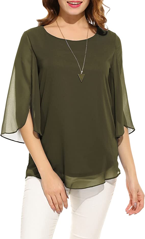 Blusa feminina casual decote canoa manga solta chiffon tops