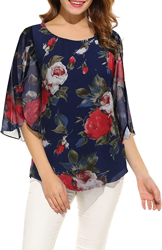 Blusa feminina casual decote canoa manga solta chiffon tops