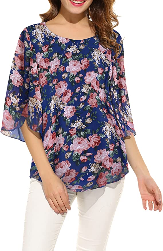 Blusa feminina casual decote canoa manga solta chiffon tops