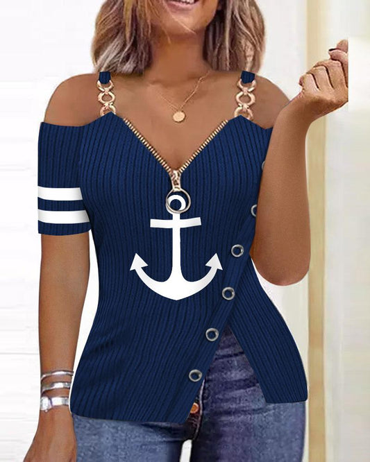 Camiseta de ombro frio com estampa de âncora