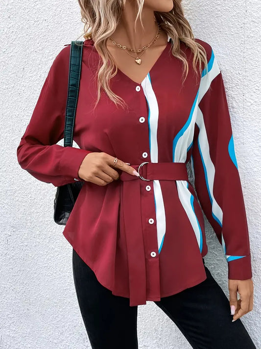 Blusa com estampa assimétrica com cinto, blusa de manga comprida com decote em V,  para o dia a dia