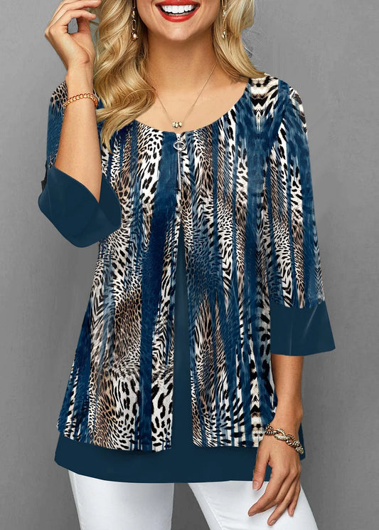 Blusa azul leopardo com zíper