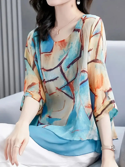 Blusa de manga curta floral azul tie dye