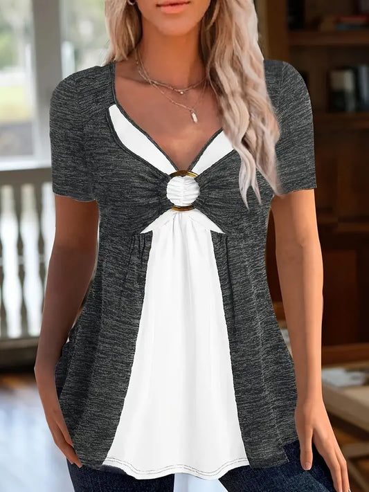 Camiseta colorida com fivela frontal, camiseta casual de manga curta com decote em V para o verão