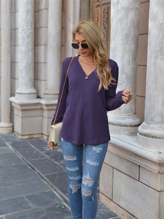 Camiseta de botão com decote em V, casual solta manga longa moda outono inverno t-shirts tops